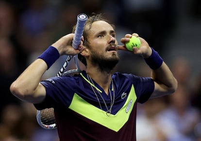 Russia's Daniil Medvedev celebrates after winning his semi final match against Spain's Carlos Alcaraz.