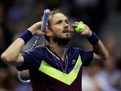 Russia's Daniil Medvedev celebrates after winning his semi final match against Spain's Carlos Alcaraz.