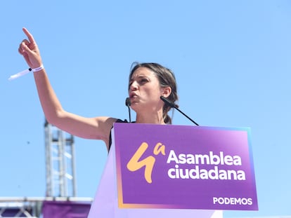La ministra de Igualdad, Irene Montero, en la IV Asamblea Ciudadana Estatal de Podemos, el pasado domingo en Alcorcón (Madrid).