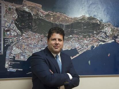 Fabian Picardo, pictured last Friday in front of an aerial photograph of Gibraltar in his office building.