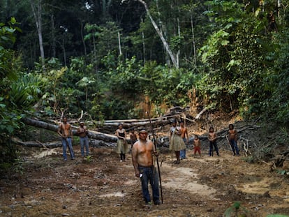 Un grupo de indígenas Mura en un área deforestada en la selva amazónica cerca de Humaita, en Brasil.