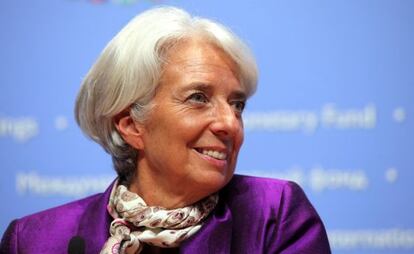 Christine Lagarde, directora gerente del FMI, en la reuni&oacute;n de Tokio durante una rueda de prensa