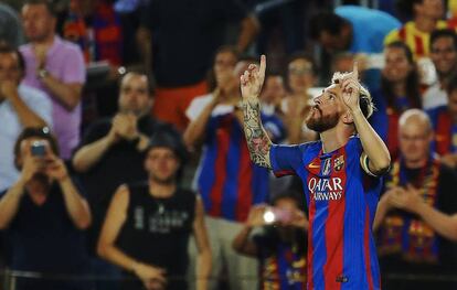 Messi celebra el gol contra el Celtic.