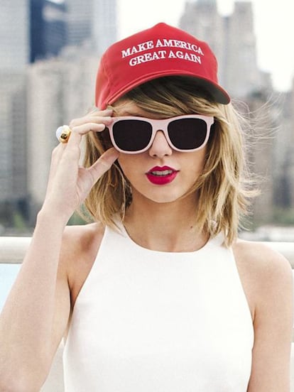 La imagen pública de Taylor Swift sufrió su mayor golpe mediático en 2016. Varias webs supremacistas de extrema derecha la convirtieron en icono de su movimiento, toda una “diosa aria”. “Es un hecho que Taylor Swift es una nazi encubierta y solo está esperando a que Donald Trump consiga que sea más seguro para ella salir a la luz y comunicar su agenda aria al mundo”, publicó el blog The Daily Stormer. Milo Yiannopoulos, agitador ultranacionalista y defensor de Donald Trump, concedía que la vocalista gozaba de mucho predicamento entre las facciones reaccionarias por ser “muy rubia”, “muy blanca” y no haber presumido de su “visión política o religiosa”. En la red han proliferado montajes como el de la imagen sobre su afiliación a las políticas del empresario.