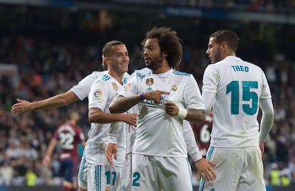Marcelo celebra su gol al Eibar en la victoria del Madrid por 3-0.