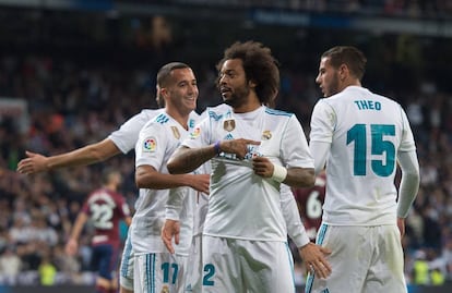 Marcelo celebra su gol al Eibar en la victoria del Madrid por 3-0. 