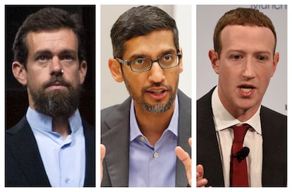 Collage de fotos del CEO de Twitter, Jack Dorsey; del CEO de Google, Sundar Pichai; y el CEO y fundador de Facebook, Mark Zuckerberg.