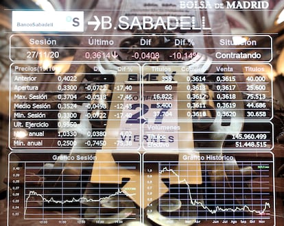 Panel de cotización del Sabadell, este viernes en la Bolsa de Madrid.