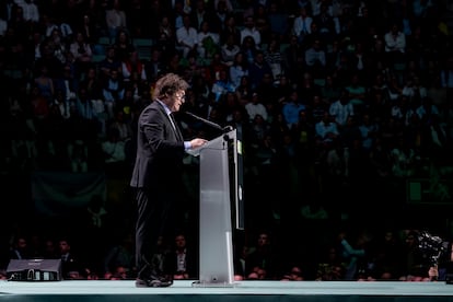 El presidente de Argentina, Javier Milei, el domingo en el Palacio de Vistalegre de Madrid, durante un acto de apoyo a Vox.