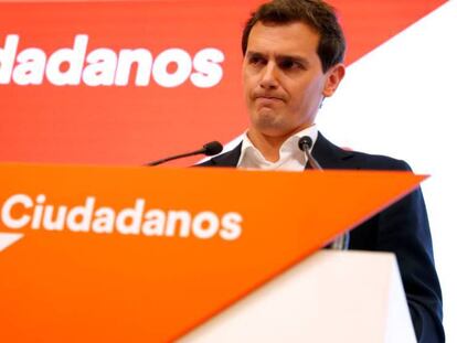 Albert Rivera ayer durante el anuncio de su dimisión.