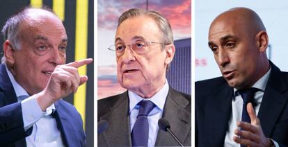 Javier Tebas, presidente de LaLiga; Florentino Pérez, presidente del Real Madrid; y Luis Rubiales, presidente de la Federación Española de Fútbol.