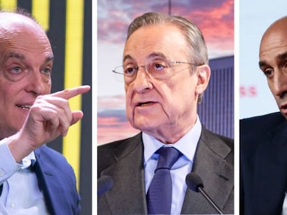 Javier Tebas, presidente de LaLiga; Florentino Pérez, presidente del Real Madrid; y Luis Rubiales, presidente de la Federación Española de Fútbol.