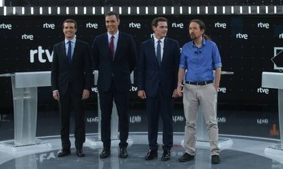 Pablo Casado, Pedro Sánchez, Albert Rivera y Pablo Iglesias, en el debate de TVE.