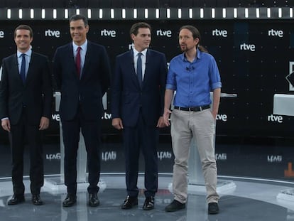 Pablo Casado, Pedro Sánchez, Albert Rivera y Pablo Iglesias, en el debate de TVE.