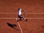 Stefanos Tsitsipas of Greece smashes the ball to Germany's Alexander Zverev during their semifinal match of the French Open tennis tournament at the Roland Garros stadium Friday, June 11, 2021 in Paris. (AP Photo/Christophe Ena)
