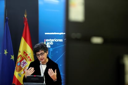 Spain's Foreign Minister Arancha González Laya speaking on Monday.