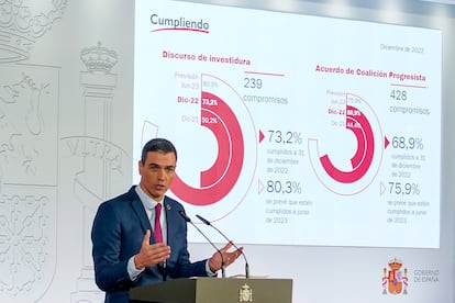 El presidente del Gobierno, Pedro Sánchez, durante la rueda de prensa en la que ha anunciado las nuevas medidas económicas, este martes. 