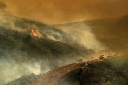 Escavadeira constroem linhas de contenção enquanto lutam contra o fogo em Lakeport, Califórnia, em 31 de julho de 2018.