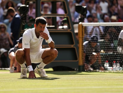 Djokovic come la hierba de la Centre Court tras vencer a Kyrgios en la final del domingo.