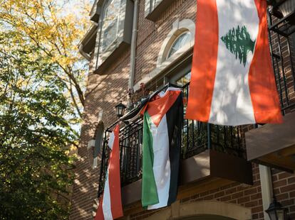 Banderas de Líbano y Palestina en una casa en Dearborn.