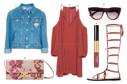 1. Topshop Chaqueta vaquera con detalles desgastados. 2. Zara vestido con aberturas en los hombros. 3. Valentino Gafas de sol con montura de pasta. 4. Chanel Lipgloss 'Rouge Double Intensit'. 5. Zara Sandalia gladiadora de ante con arandelas doradas. 6. Furla Cartera de piel con print de flores.