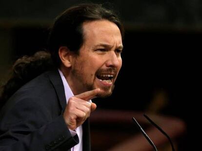 El líder de Unidas Podemos, Pablo Iglesias, durante su intervención ante el pleno del Congreso de los Diputados.