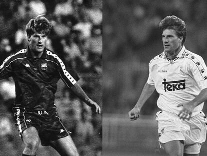 Laudrup con la camiseta del Barcelona a la izquierda, y con la del Madrid a la derecha.