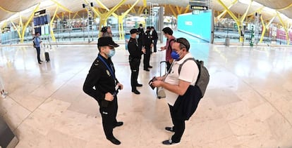 Police checkpoint at the Barajas airport in Madrid, which has been under a state of alarm since Friday.