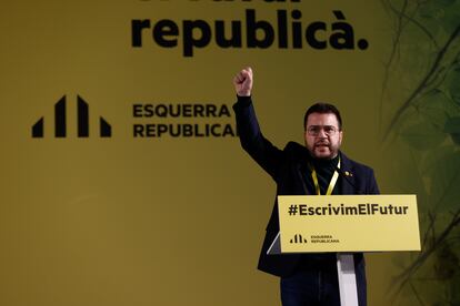 El presidente de la Generalitat, Pere Aragonès, durante su intervención en la Conferencia Nacional de ERC