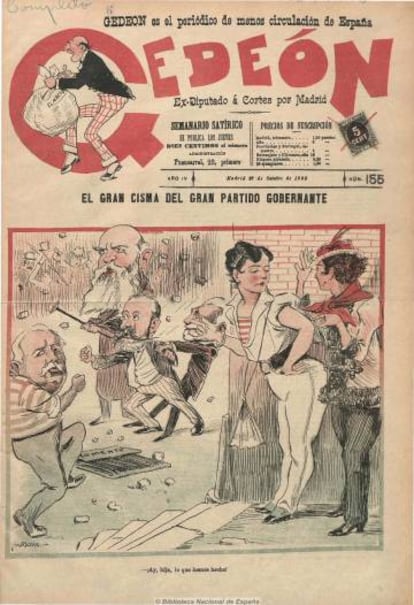 Revista satírica Gedeón, del 27 de octubre de 1898, donde aparecen dos prostitutos vestidos de mujer y políticos peleando por la crisis motivada.