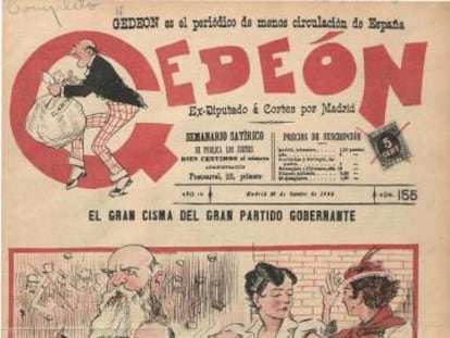 Revista satírica Gedeón, del 27 de octubre de 1898, donde aparecen dos prostitutos vestidos de mujer y políticos peleando por la crisis motivada.