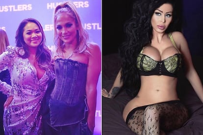 Roselyn Keo posa com Jennifer Lopez. À direita, Samantha Barbash na atualidade.