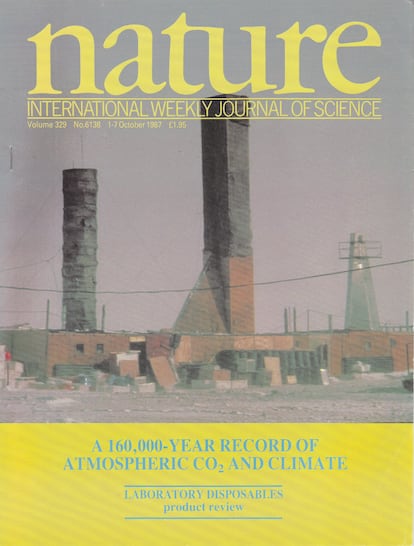 Cover of the magazine 'Nature' in October 1987, with the drilling rigs of the Antarctic base of Vostok.