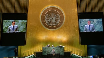 Pedro Sánchez during his speech at the UN in New York.