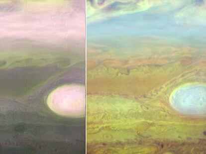 Imágenes de la atmósfera de Júpiter tomadas por la <i>New Horizons</i> en dos rangos de infrarrojo.