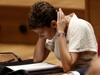 Chivite, esta mañana, durante la primera sesión de investidura, celebrada esta mañana en el Parlamento de Navarra, en Pamplona.