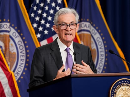 El presidente de la Reserva Federal de Estados Unidos, Jerome Powell, durante la rueda de prensa de este miércoles.