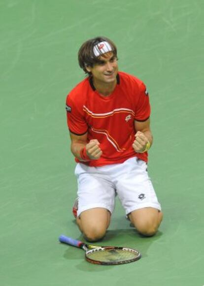 David Ferrer celebra su victoria ante Tomas Berdych.