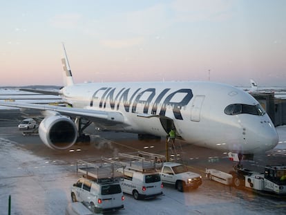 A Finnair plane at Helsinki airport in February.