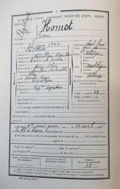 La cartilla de Homet cuando se alistó al ejército, obtenida de libro 'Diario de un Argentino'.