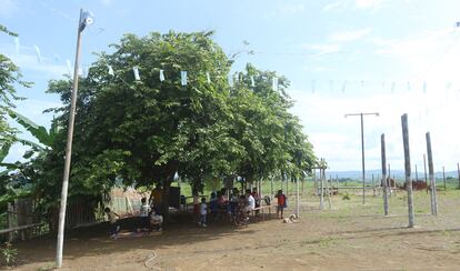 Un gran árbol cubre con su sombra de más de 10 metros tres mesas de contrachapado y hierro desgastadas y desconchadas en medio de un descampado. Donde hoy reciben clase 15 niños, antes había un vertedero de basura. Pulse en la imagen para ver la fotogalería completa. 