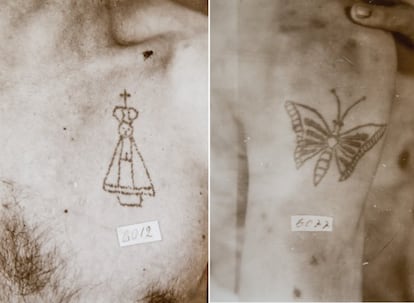 A la izquierda, Nuestra Señora de Aparecida, patrona de Brasil, a la derecha una mariposa, tatuadas ambas sobre el pecho de sendos reclusos, fotografiados para una investigación científica en la prisión de Carandirú, en São Paulo, entre 1920 y 1940.