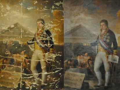 El óleo 'Godoy. Protector de la Instrucción', de Esteve, en sucesivas fases de su restauración. A la izquierda se aprecian las zonas donde había saltado la pintura.