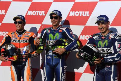 Márquez, Rossi y Lorenzo formarán la primera fila de la parrilla en Motegi.