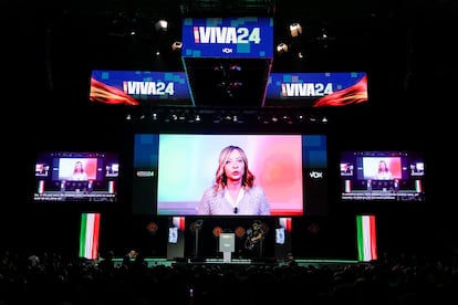 La primera ministra de Italia, Giorgia Meloni, durante su intervención telemática en el mitin de Vox en Madrid el pasado fin de semana.