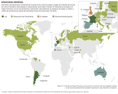 Mapa de los países que reconocen el genocidio armenio.