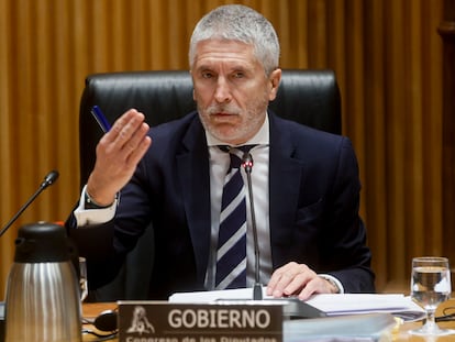 El ministro del Interior, Fernando Grande-Marlaska, este martes durante su comparecencia en el Congreso de los Diputados.