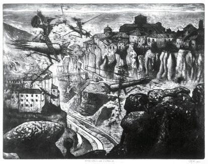 'Espectros de Cuenca' (1962) de Lorenzo Goñi. Aguafuerte/ aguatinta 49 x 63 cm.