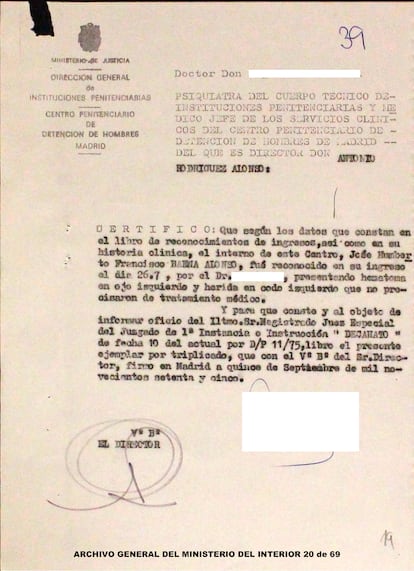 Una de las hojas del expediente que guarda el Archivo General del Ministerio del Interior de José Humberto Baena Alonso, miembro del Frente Revolucionario Antifascista y Patriota (FRAP) fusilado el 27 de septiembre de 1975. Los expedientes completos que recojen documentación acumulada durante la estancia en prisión de los cinco condenados a muerte se puede consultar al final de este reportaje. 
