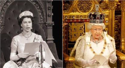 A la izquierda, Isabel II abre una sesión del parlamento canadiense en 1957. A la derecha, la reina durante la apertura estatal del parlamento en 2016 en Londres.